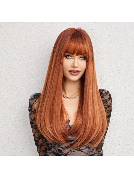 Women\'s Auburn Heat Resistant Long Curly Wavy Synthetic Wig with Bangs Size 26In main image 5